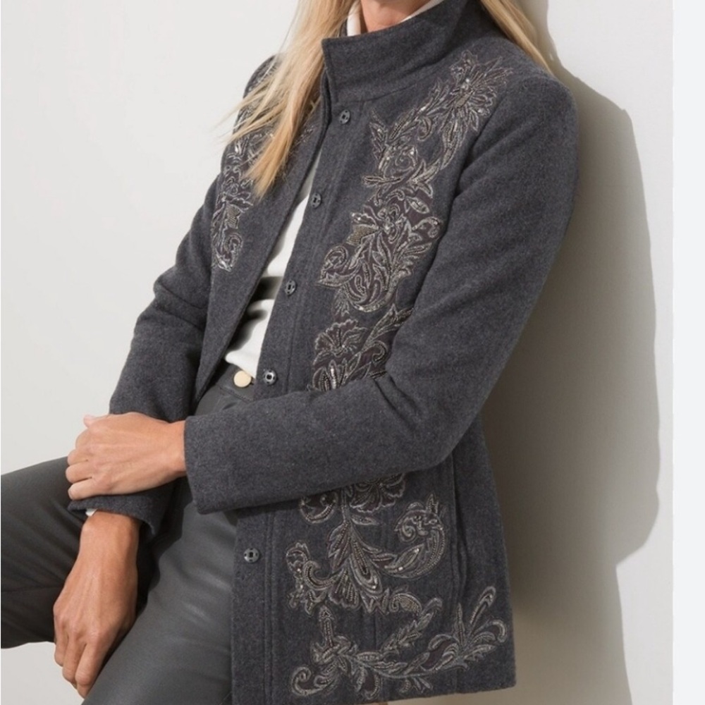 Chico’s NWT Embellished Black Gold Embroidered Women's Mock-neck Wool Jacket, 12